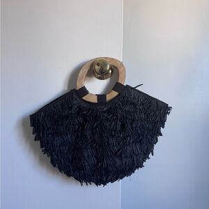 Anthropologie Black Fringe Handbag with Wooden Handle